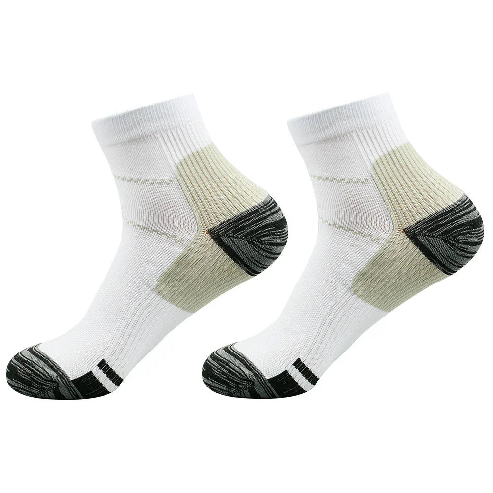 Pair of white sports ankle socks with gray and black cushioned heel and toe areas