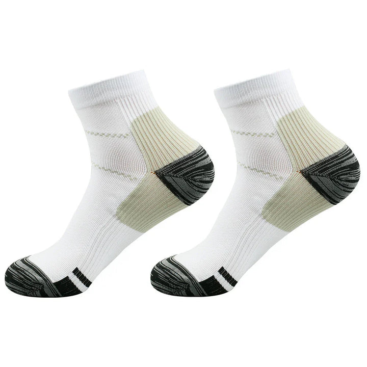 Pair of white sports ankle socks with gray and black cushioned heel and toe areas