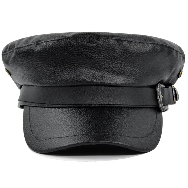 Black textured leather newsboy cap with a decorative buckle strap on the front