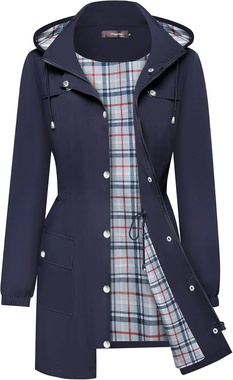 Navy blue women's raincoat with hood and plaid lining, featuring zip and snap buttons