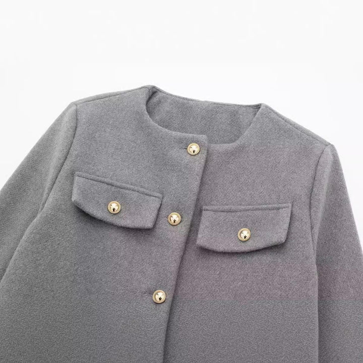Gray woolen women's jacket with round neckline and gold buttons on pockets and front