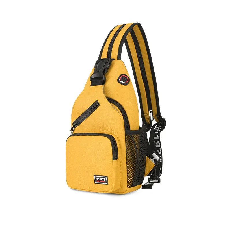 Yellow sports sling backpack with black zippers, adjustable strap, and mesh side pocket