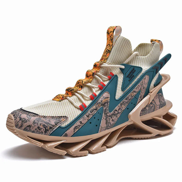 futuristic beige and teal sneaker with intricate sole design and patterned accents