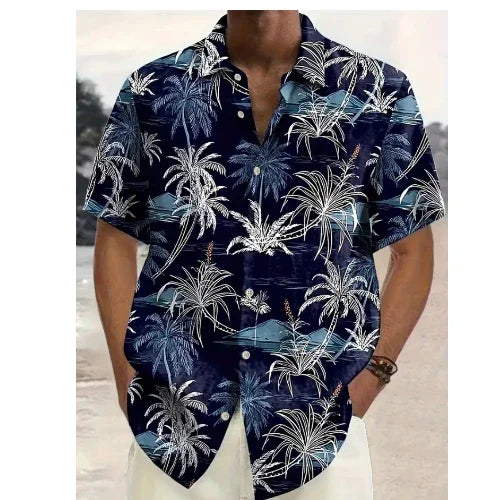 Men's navy blue tropical print short sleeve button-up shirt with palm tree design