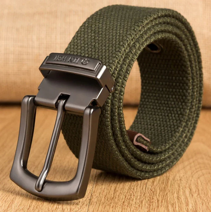 Close-up of olive green woven fabric belt with metal buckle on wooden surface