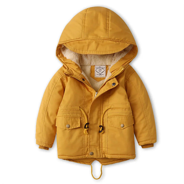 Mustard yellow kids hooded winter jacket with fleece lining and snap pockets