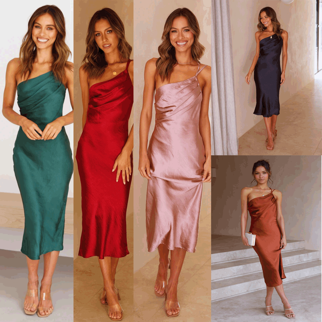 Women modeling stylish satin midi dresses in green, red, pink, navy, and rust colors with asymmetrical necklines