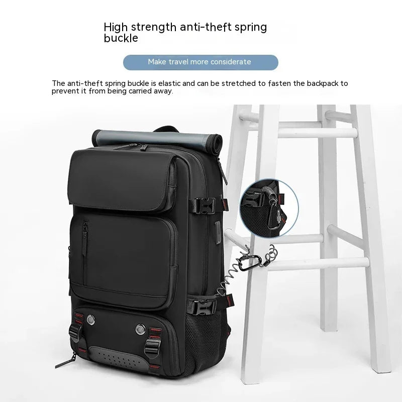 Black anti-theft backpack with spring buckle lock secured to white chair