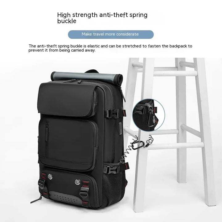 Black anti-theft backpack with spring buckle lock secured to white chair