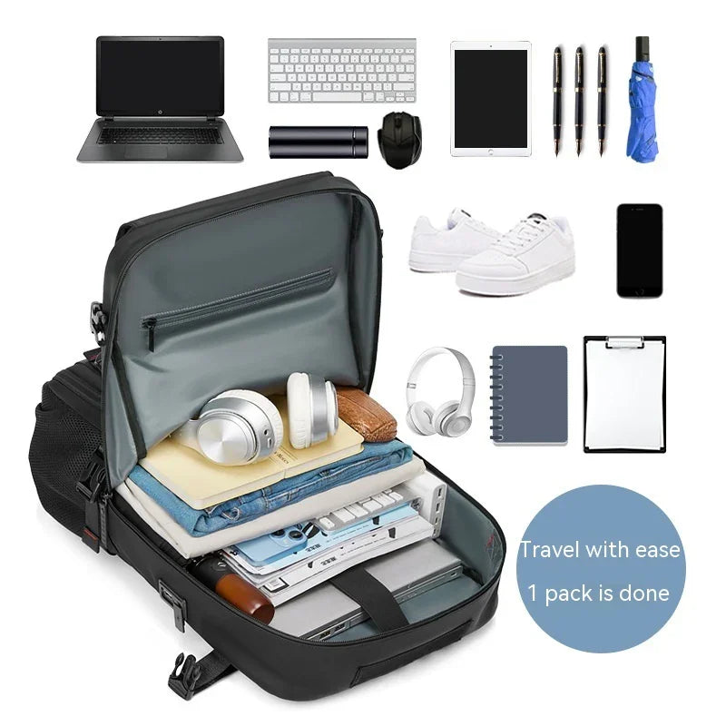 Organized travel backpack with laptop, headphones, clothes, shoes, gadgets, and stationery.