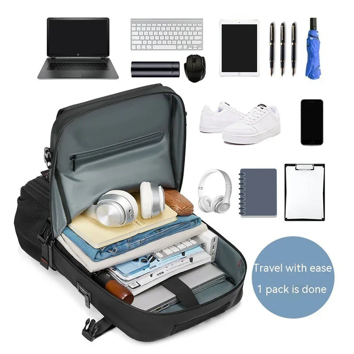 Organized travel backpack with laptop, headphones, clothes, shoes, gadgets, and stationery.