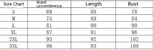 Size chart table listing waist circumference, length, and bust measurements from S to 3XL for clothing