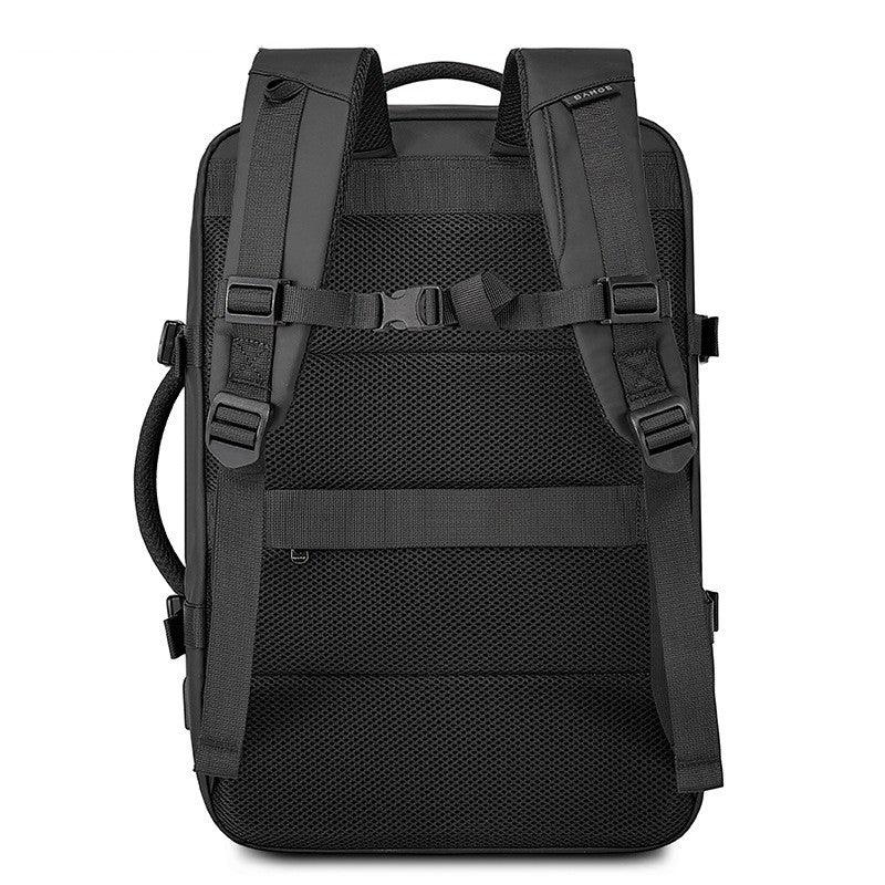 Black ergonomic backpack with padded mesh back, adjustable straps, and chest buckle