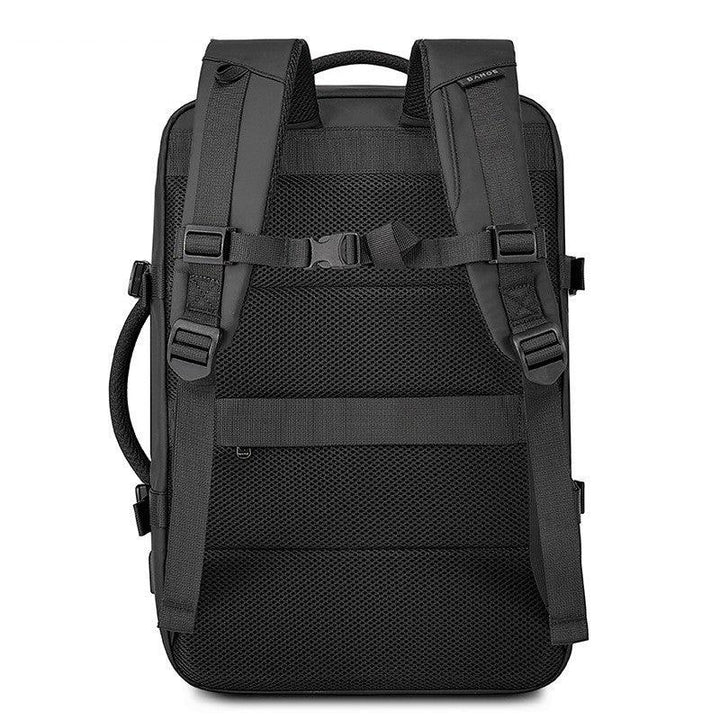 Black ergonomic backpack with padded mesh back, adjustable straps, and chest buckle