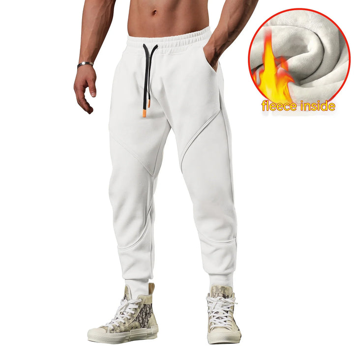 Men's white fleece-lined jogger sweatpants with elastic waist and black drawstrings