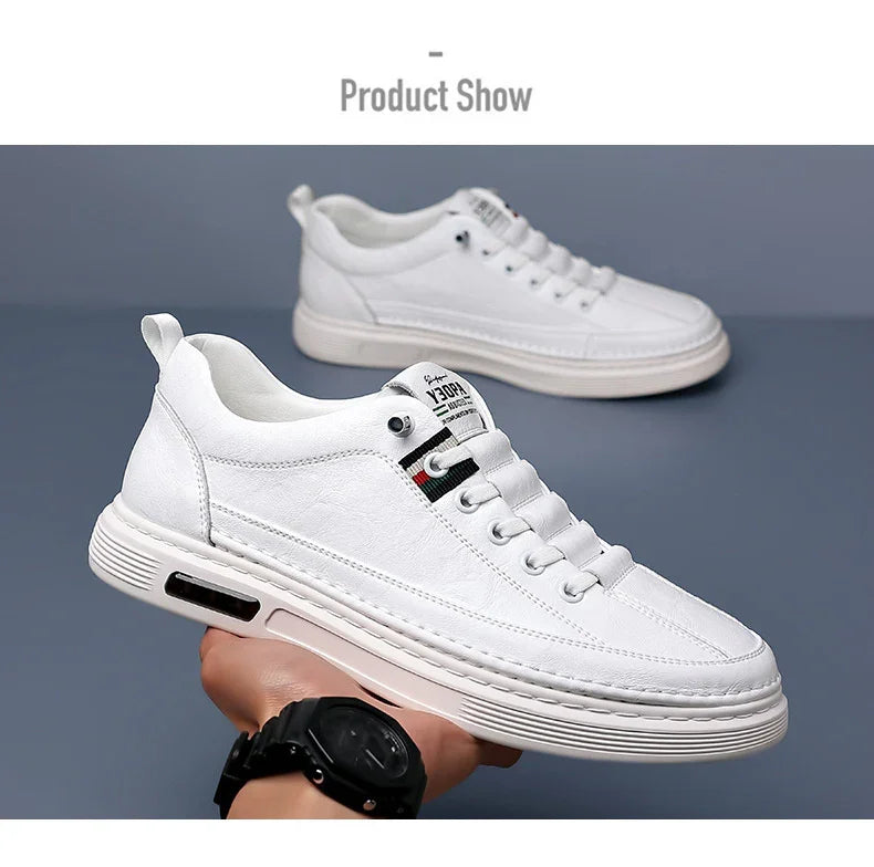 White casual sneakers with lace-up design and air-cushioned sole held against gray background