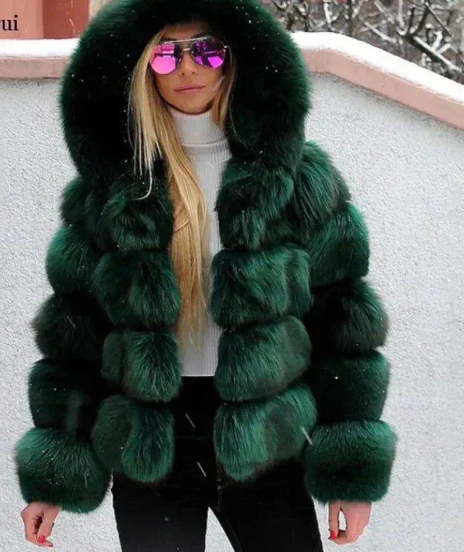Woman wearing a luxurious dark green fur coat with hood and pink reflective sunglasses in snowy outdoor setting