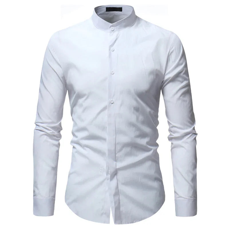Men's slim fit white dress shirt with mandarin collar and long sleeves