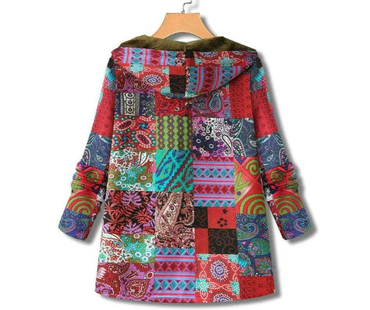 Colorful patchwork hooded coat with vibrant geometric and paisley patterns