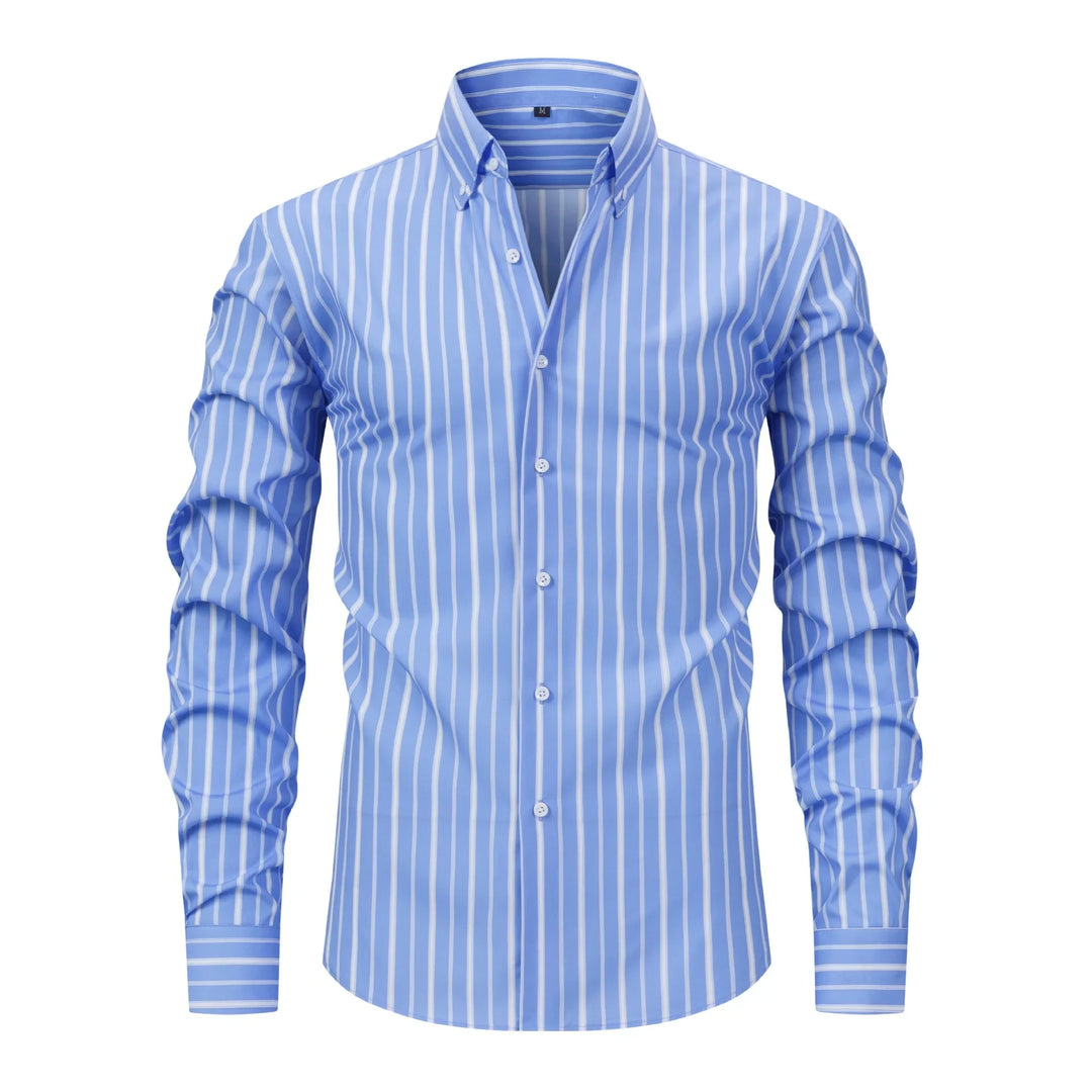 Blue and white vertical striped men's dress shirt with button-down collar and long sleeves