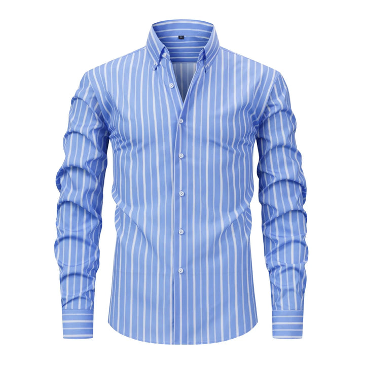 Blue and white vertical striped men's dress shirt with button-down collar and long sleeves