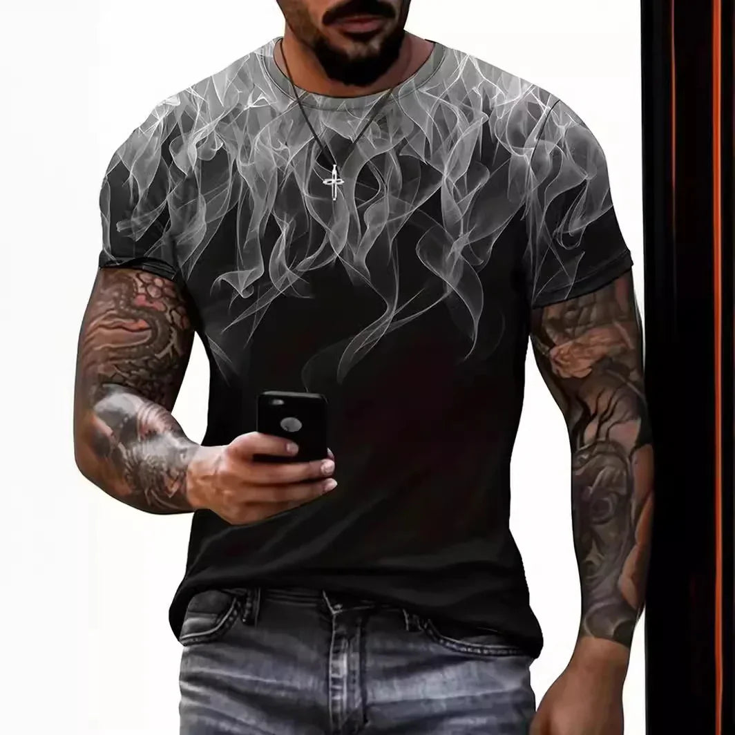 Muscular man with tattoos wearing black t-shirt with white smoke design, holding smartphone