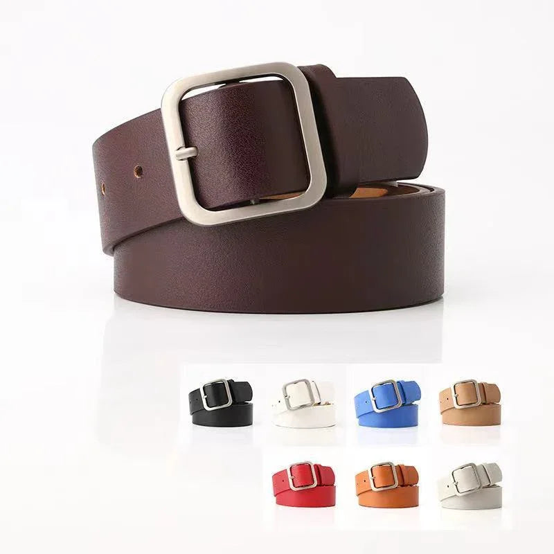 Brown leather belt with silver buckle, shown with black, white, blue, tan, red, and cream color options