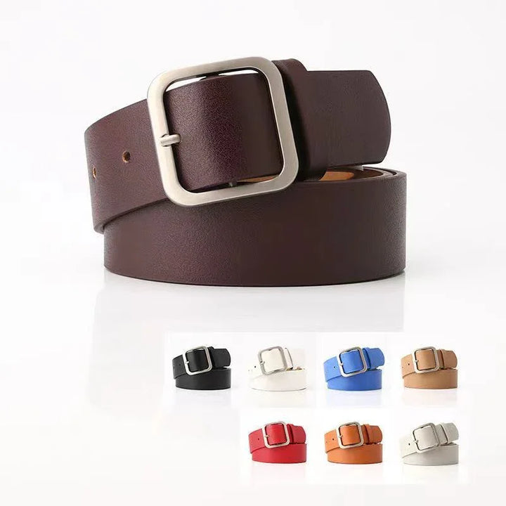 Brown leather belt with silver buckle, shown with black, white, blue, tan, red, and cream color options