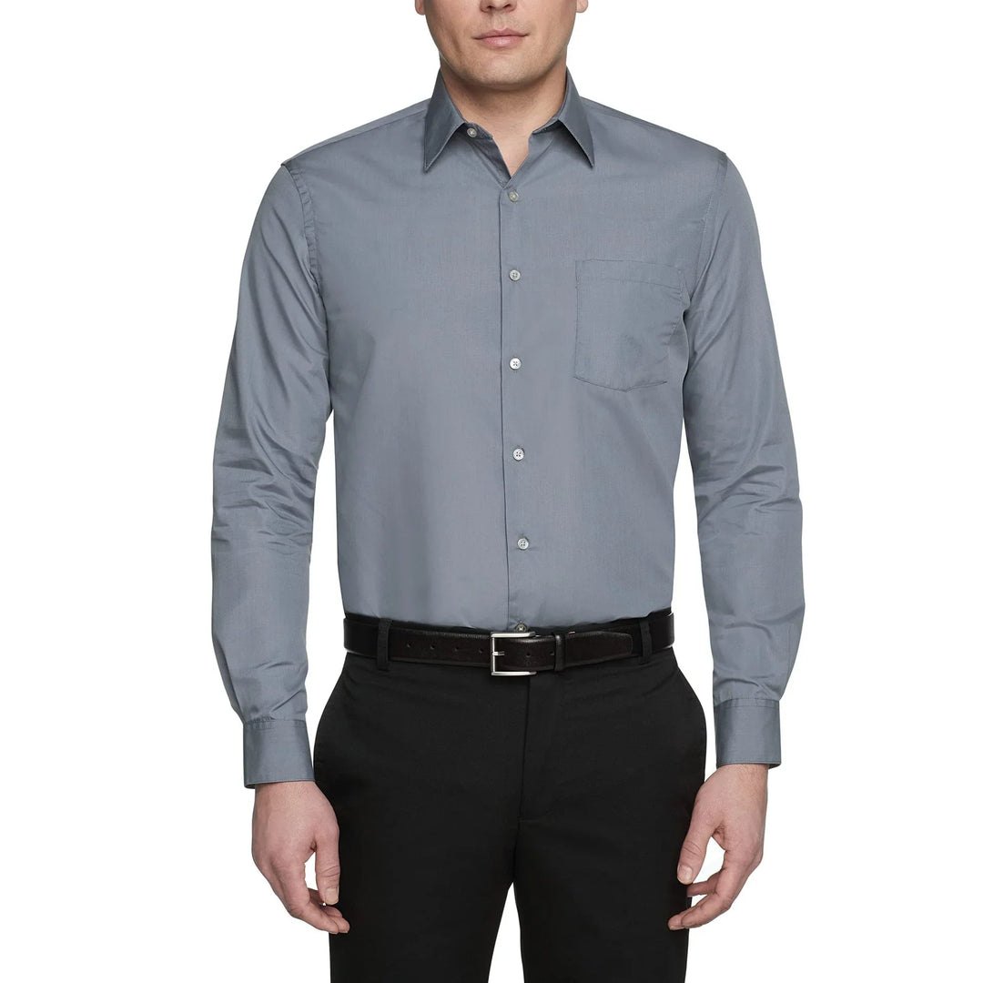 Man wearing light gray long sleeve dress shirt with chest pocket and black pants with belt