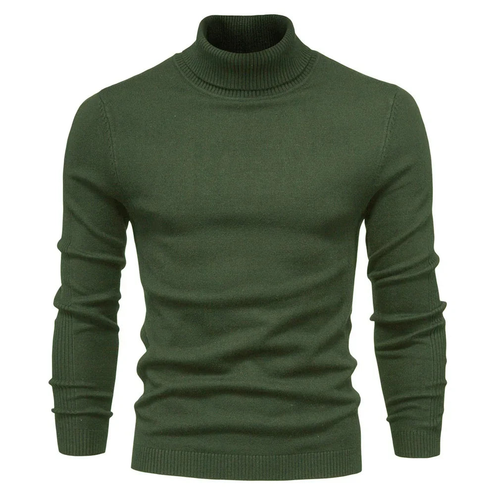 Dark green men's ribbed turtleneck knit sweater with long sleeves on white background