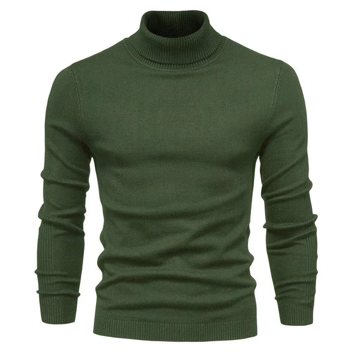 Dark green men's ribbed turtleneck knit sweater with long sleeves on white background