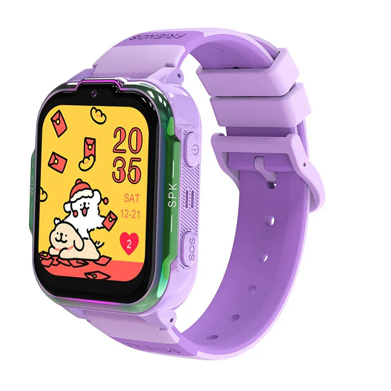 Purple kids smartwatch with colorful cartoon screen showing time, date, and heart icon