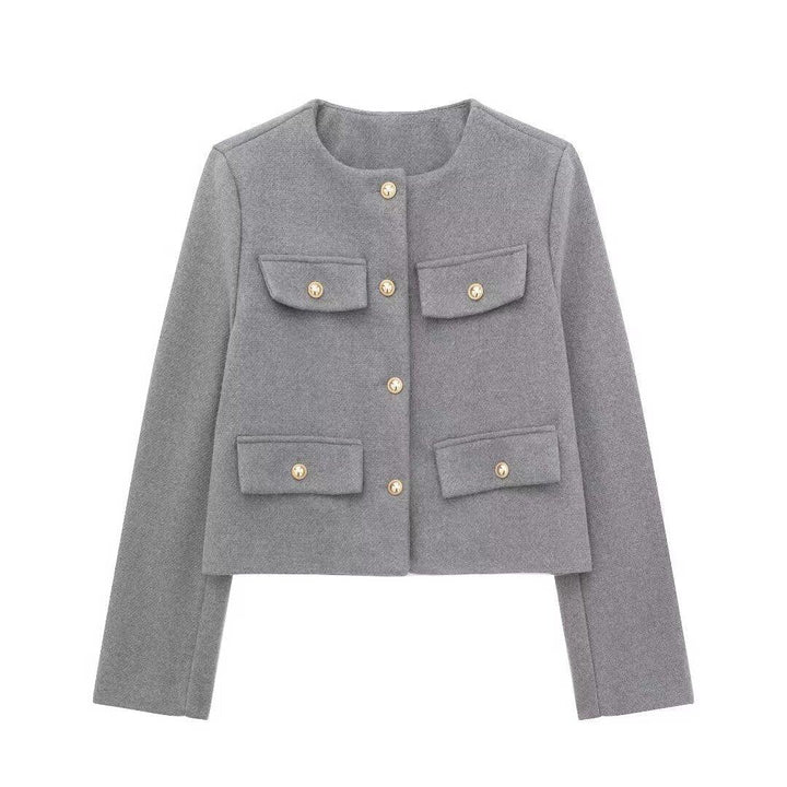 Gray wool cropped jacket with round neckline and gold button details on front pockets and closure