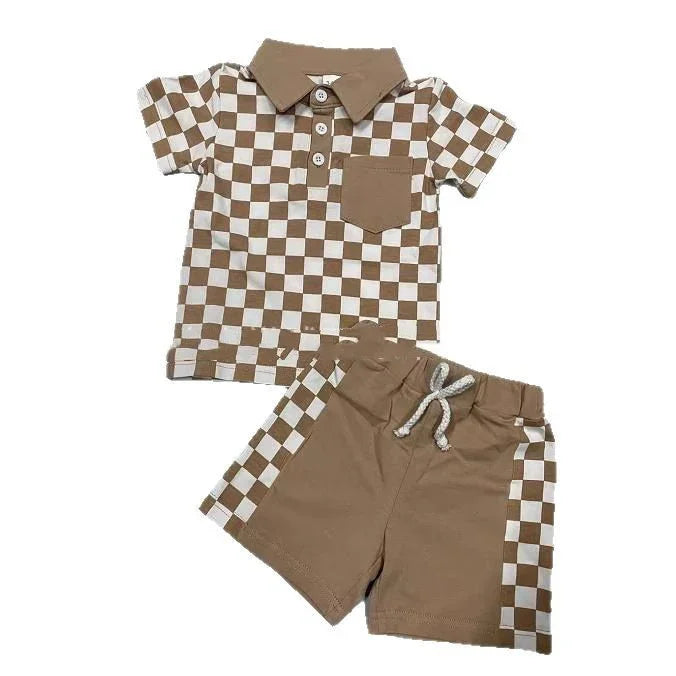 Kids brown and white checkered polo shirt with tan shorts featuring matching checkered side stripes