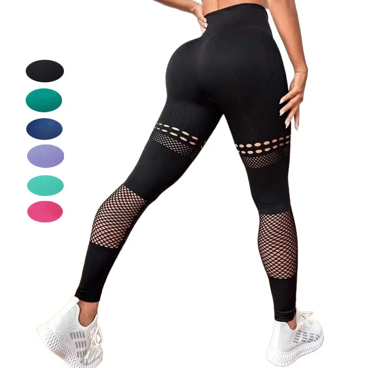 woman wearing black high-waisted leggings with mesh cutouts and white sneakers, multiple color options shown
