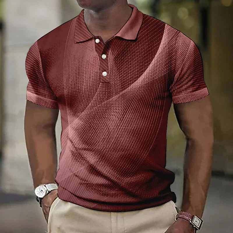 Man wearing a stylish textured red polo shirt with a three-button placket and beige pants