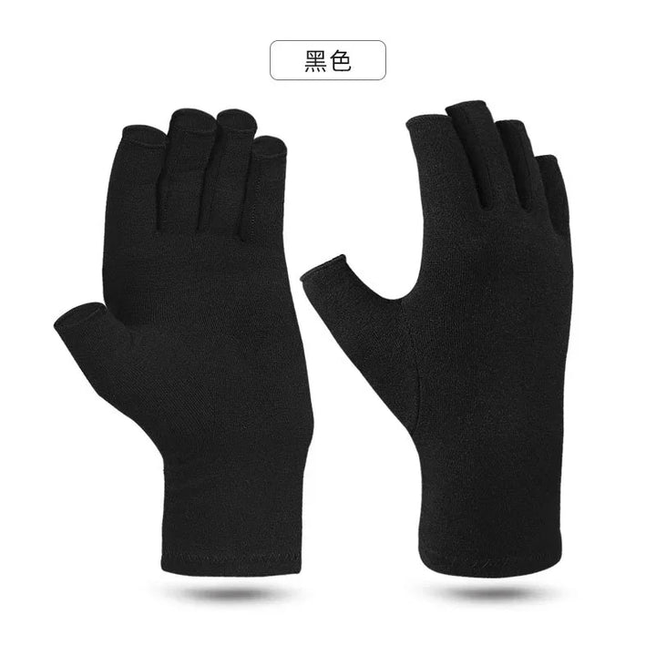 Pair of black fingerless gloves with short cuff on white background