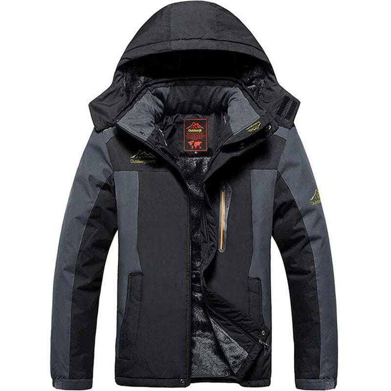 Black and gray outdoor winter jacket with hood, zippered chest pocket, and fleece lining