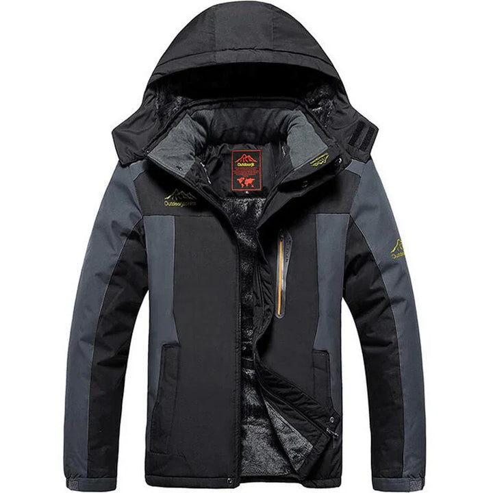 Black and gray outdoor winter jacket with hood, zippered chest pocket, and fleece lining