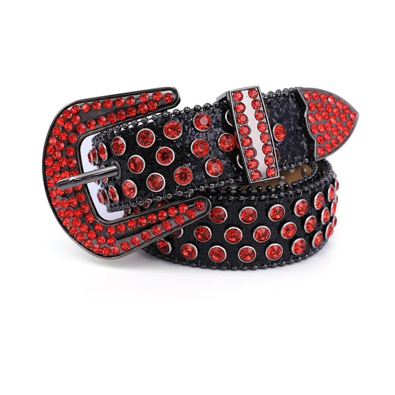 Black leather belt decorated with red rhinestones and matching rhinestone-covered buckle