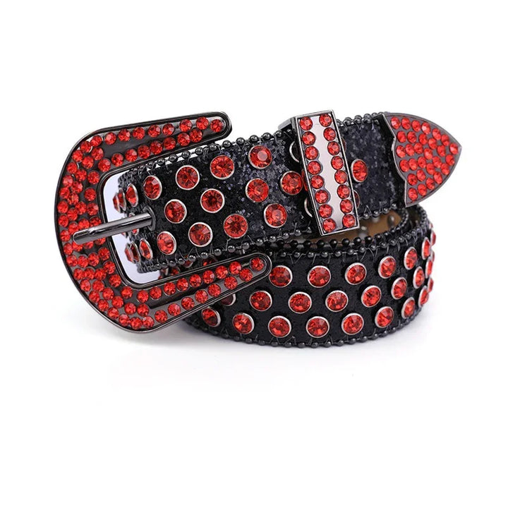 Black leather belt decorated with red rhinestones and matching rhinestone-covered buckle