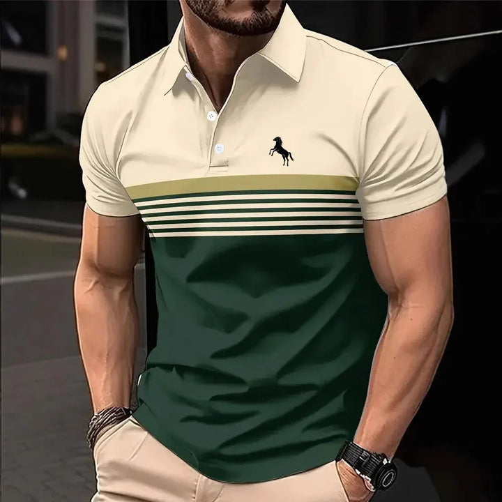 Muscular man wearing cream and dark green striped polo shirt with horse logo and beige pants
