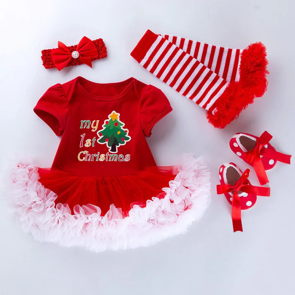 Red baby dress with white tutu and Christmas tree print, striped leggings, red headband, and polka dot shoes