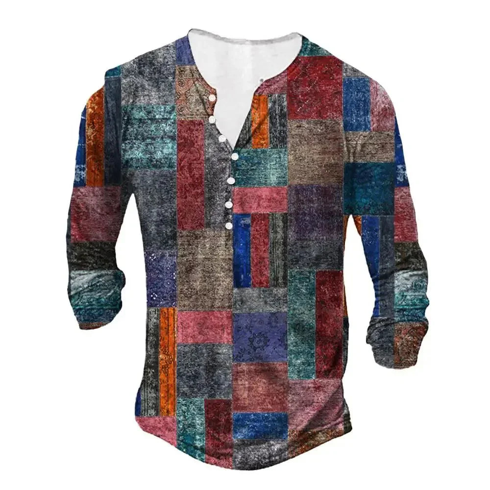 Men's long sleeve henley shirt with patchwork multicolor geometric pattern and white buttons