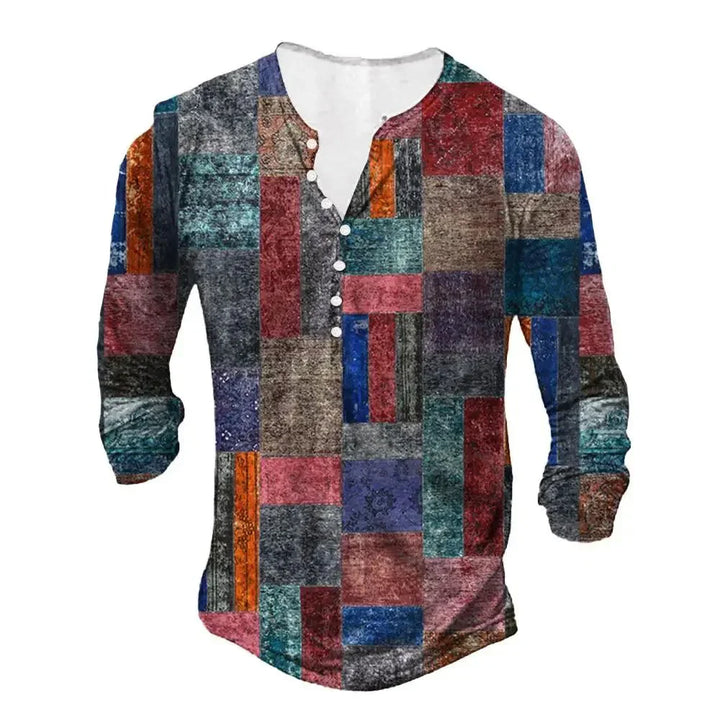 Men's long sleeve henley shirt with patchwork multicolor geometric pattern and white buttons