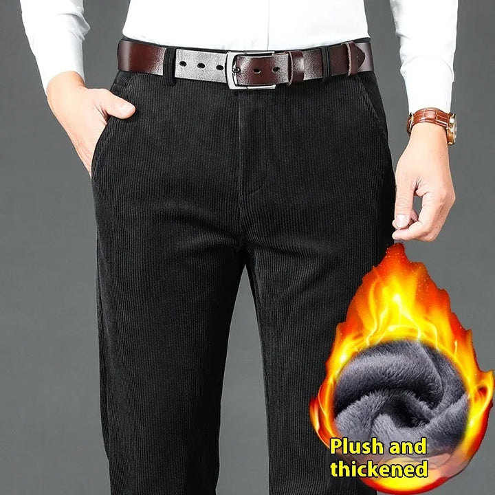 Men's black plush thickened corduroy pants with brown leather belt and white shirt