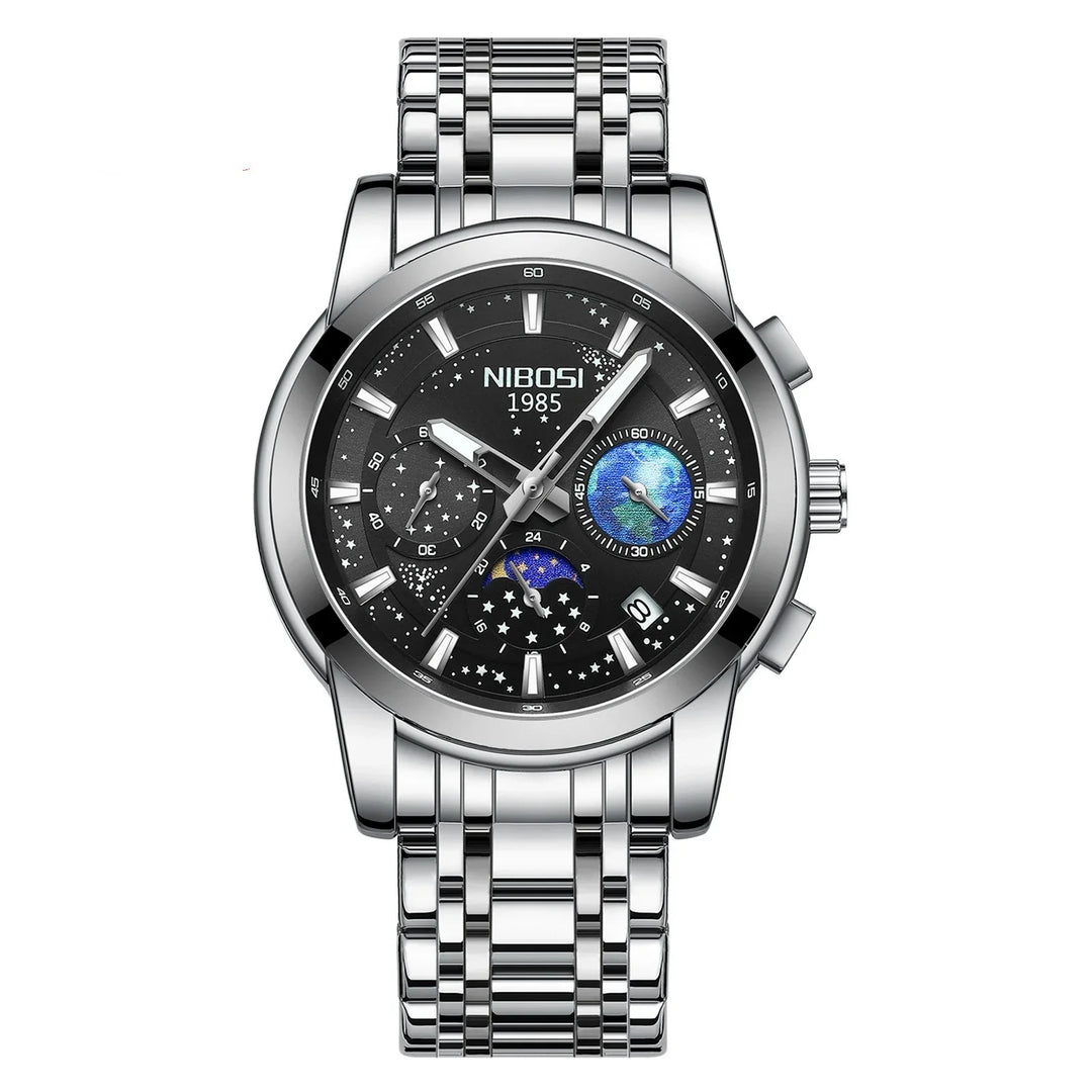 Nibosi 1985 men's silver stainless steel wristwatch with black starry dial and subdials