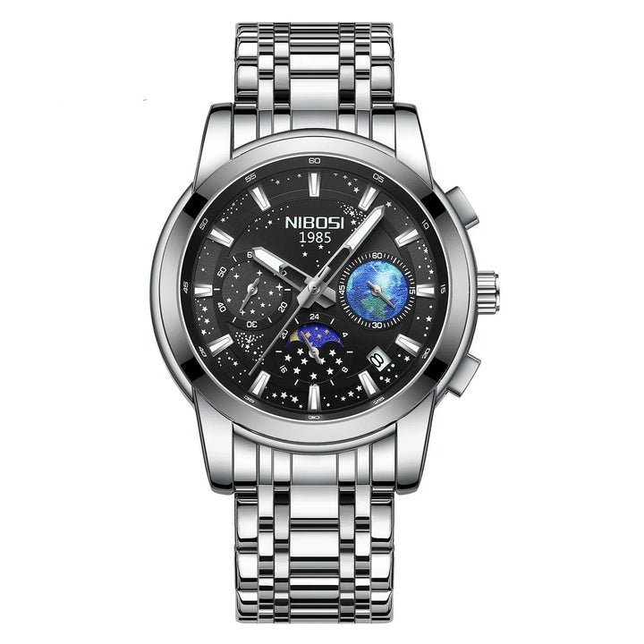 Nibosi 1985 men's silver stainless steel wristwatch with black starry dial and subdials