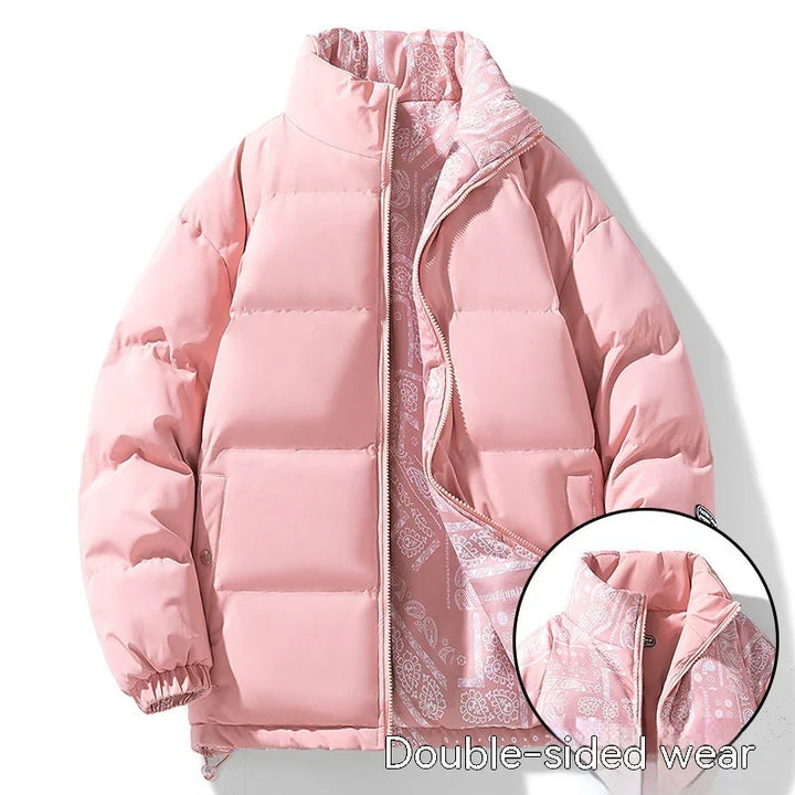 Pink double-sided puffer jacket with paisley pattern lining and stand collar
