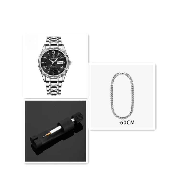 Silver wristwatch with black dial, 60cm silver chain necklace, and black watch repair tool